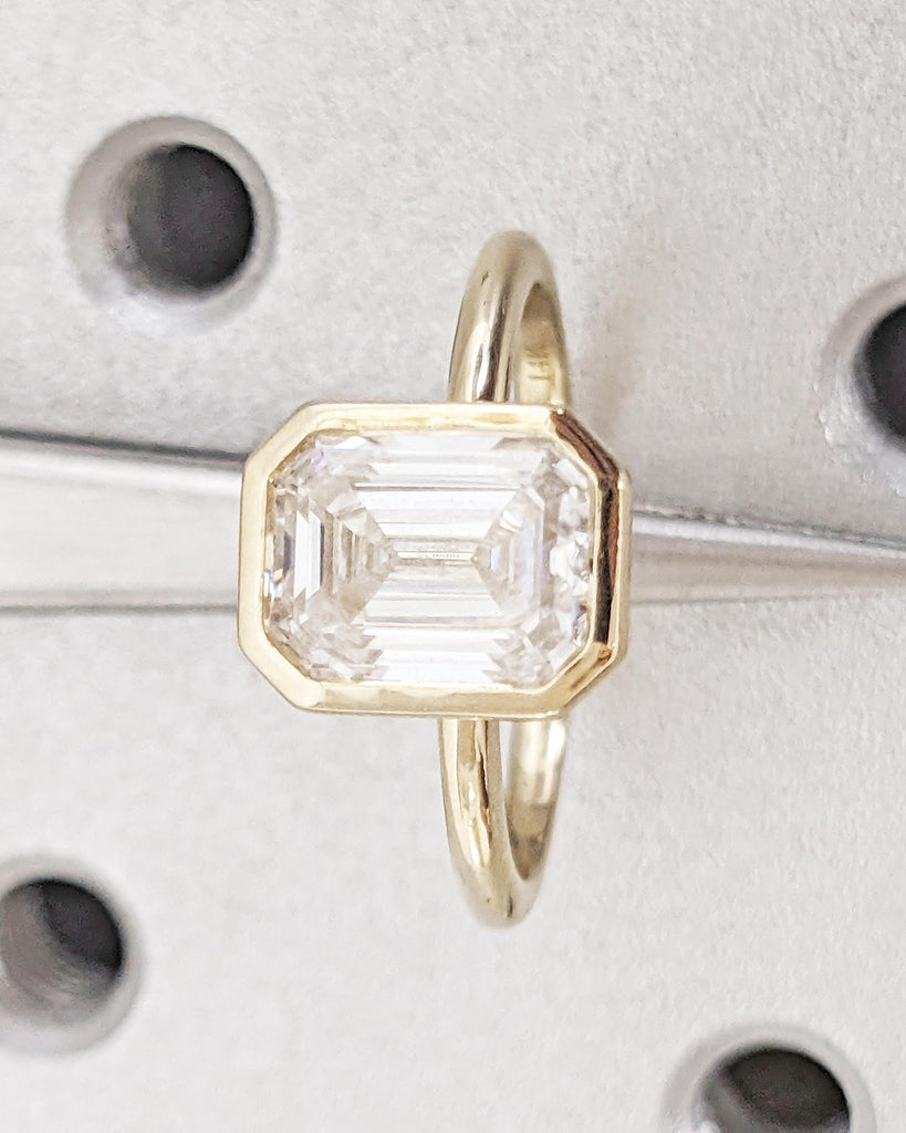 Bezel Set Emerald Cut Moissanite Engagement Ring - Emerald Cut Ring - Moissanite Engagement Ring - 14K Solid Gold Minimalist Bezel Set Ring image #9