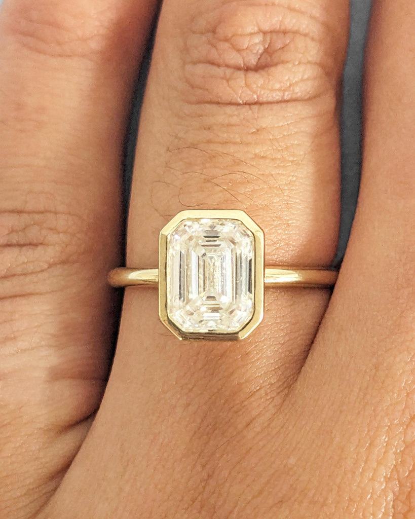 Bezel Set Emerald Cut Moissanite Engagement Ring - Emerald Cut Ring - Moissanite Engagement Ring - 14K Solid Gold Minimalist Bezel Set Ring image #2