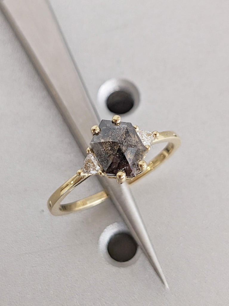Hexagon Salt and Pepper Diamond Ring, Vintage Trillion Cut Side Moissanite, 14K Yellow Solid Gold Engagement Ring, Statement Rings For Woman
