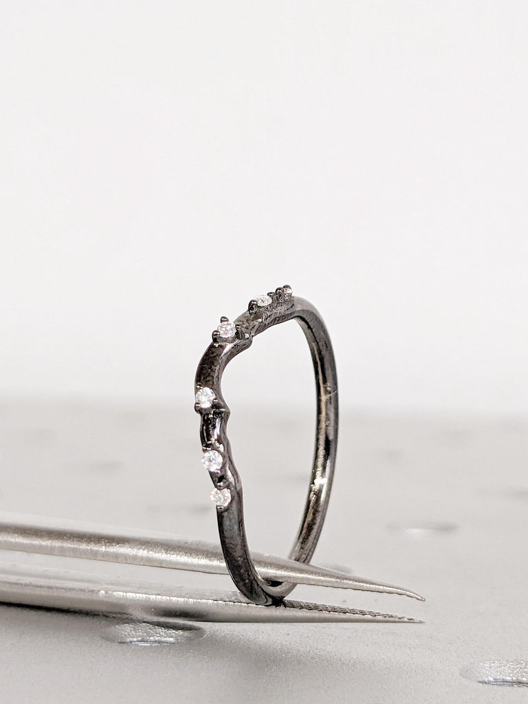14K Black Gold Curved Wedding Band, Diamond Stacking Ring, Matching Ring for Bridal Set, Minimalist Black Gold Ring, Matching Wedding Ring image #8