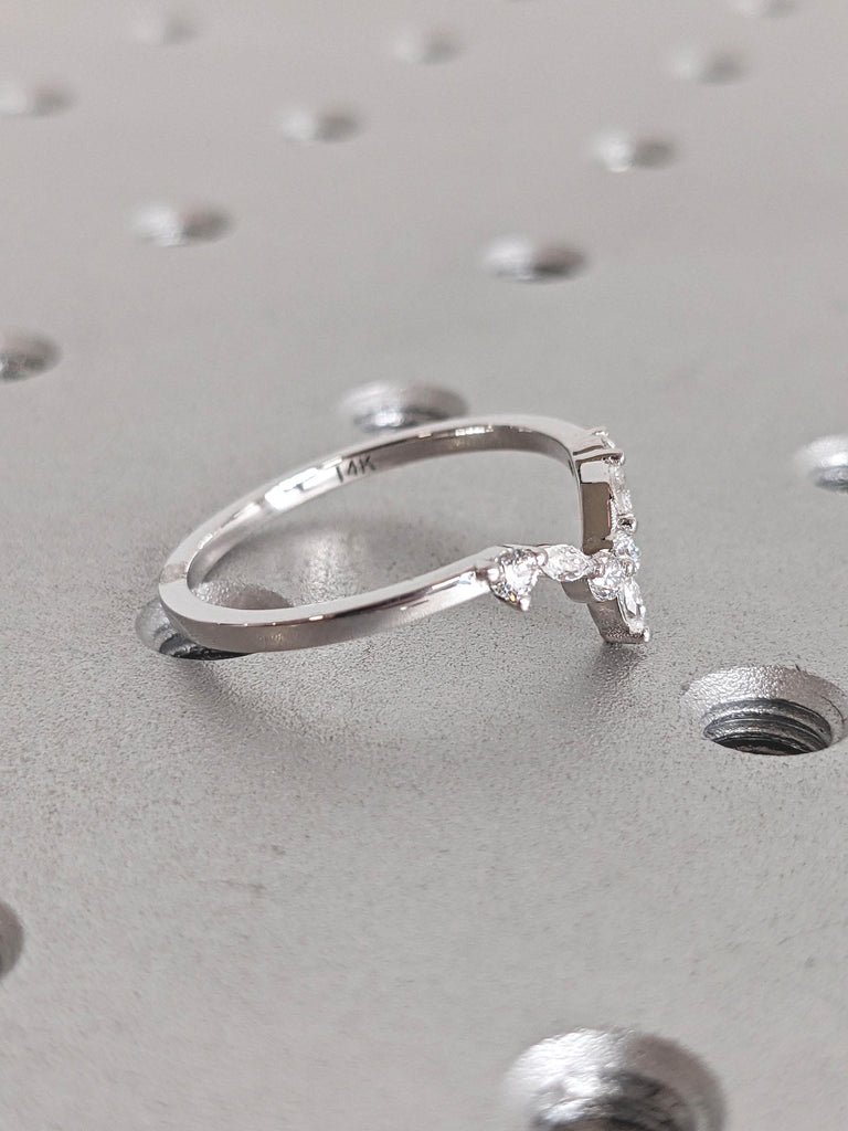 Solid Gold or Platinum Curve Wedding Ring: Marquise and Round cut Diamond, Lab Diamond or Moissanite, Prong Setting image #10