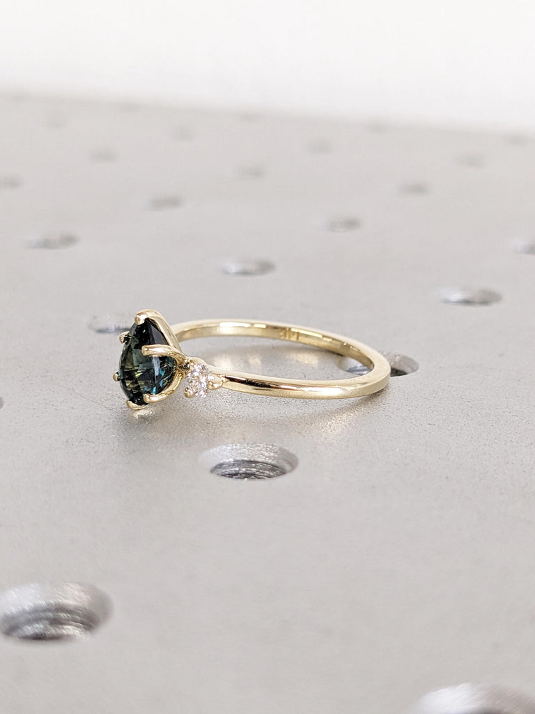 14K Yellow Gold Pear Peacock Sapphire Ring, Art Deco Teal Sapphire Engagement Ring, Three Stone Wedding Ring, Custom Gold Vintage Ring image #4