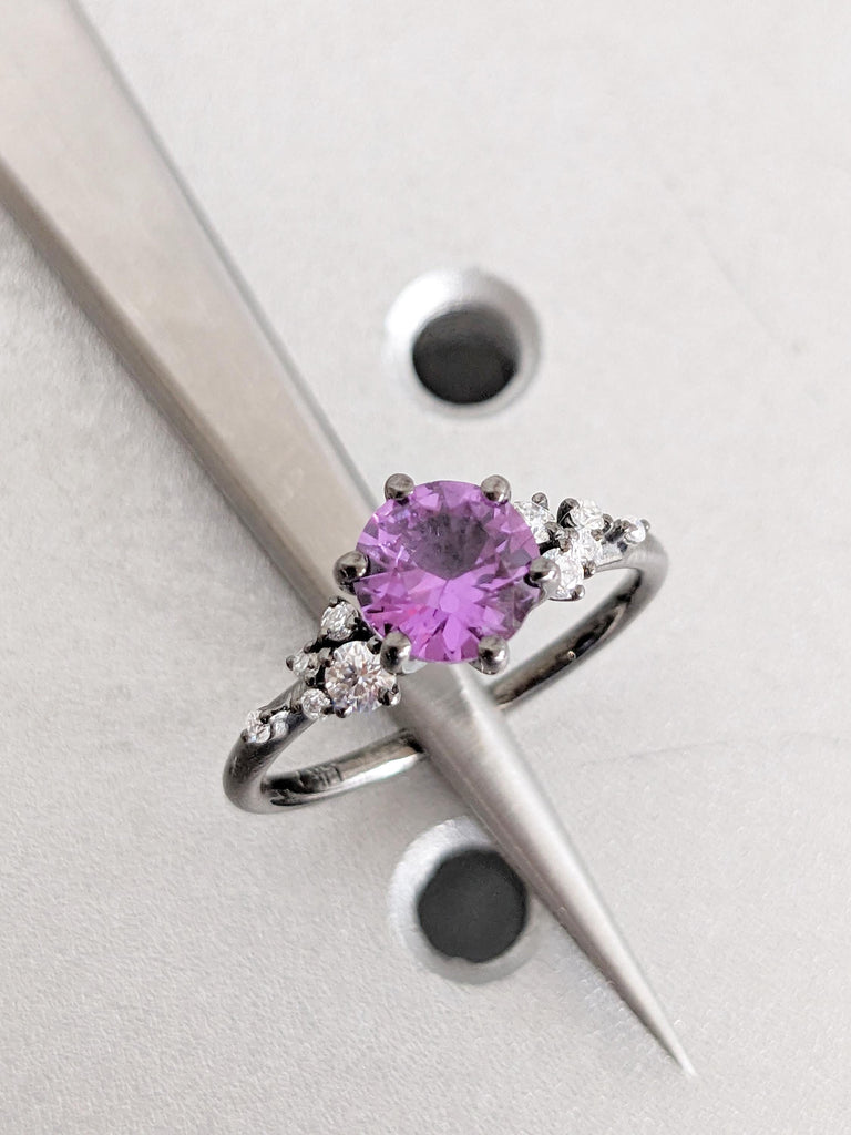 Black Gold Alexandrite Engagement Ring, Round Cut Purple Lab Alexandrite, Snowdrift 14K Solid Gold Diamond Cluster Ring, Unique Bridal Ring