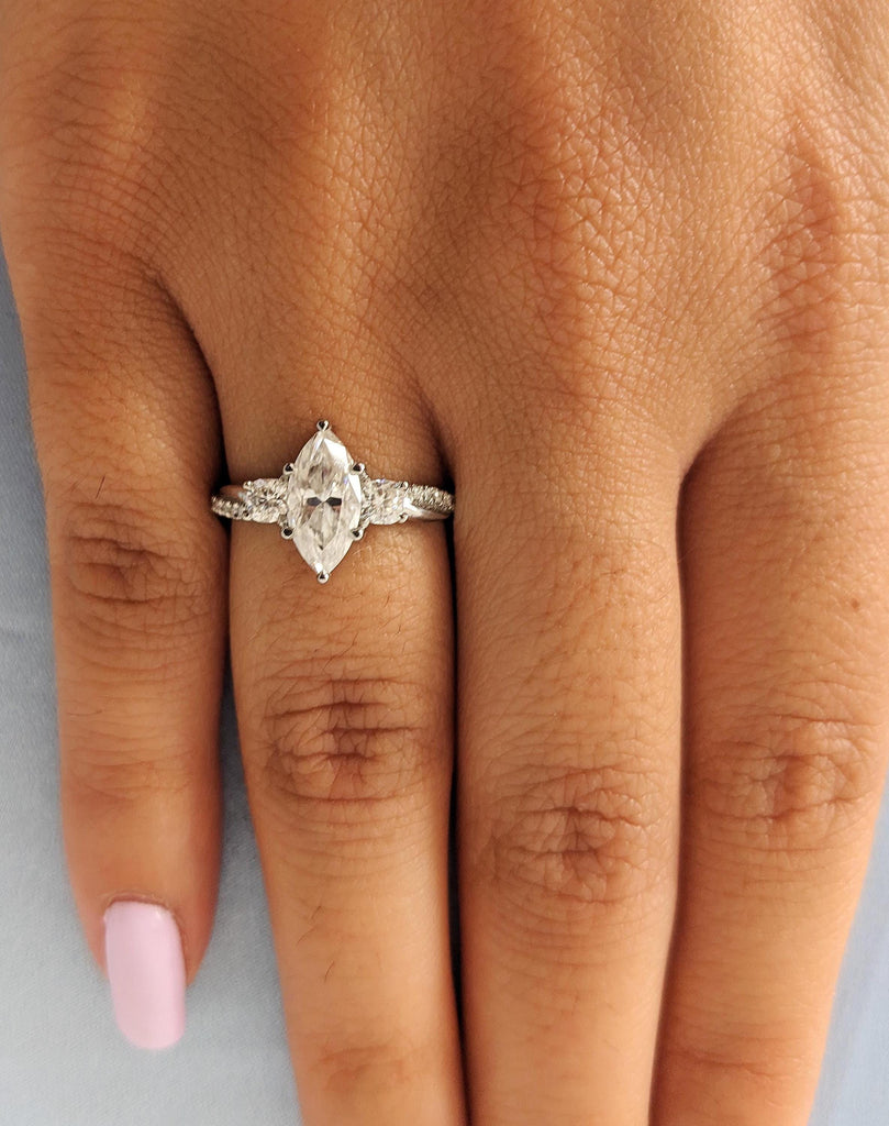 Platinum Marquise Cut Lab Diamond Spiral Engagement Ring, Three Stone Twisted Platinum Band, Women's Wedding Jewelry
