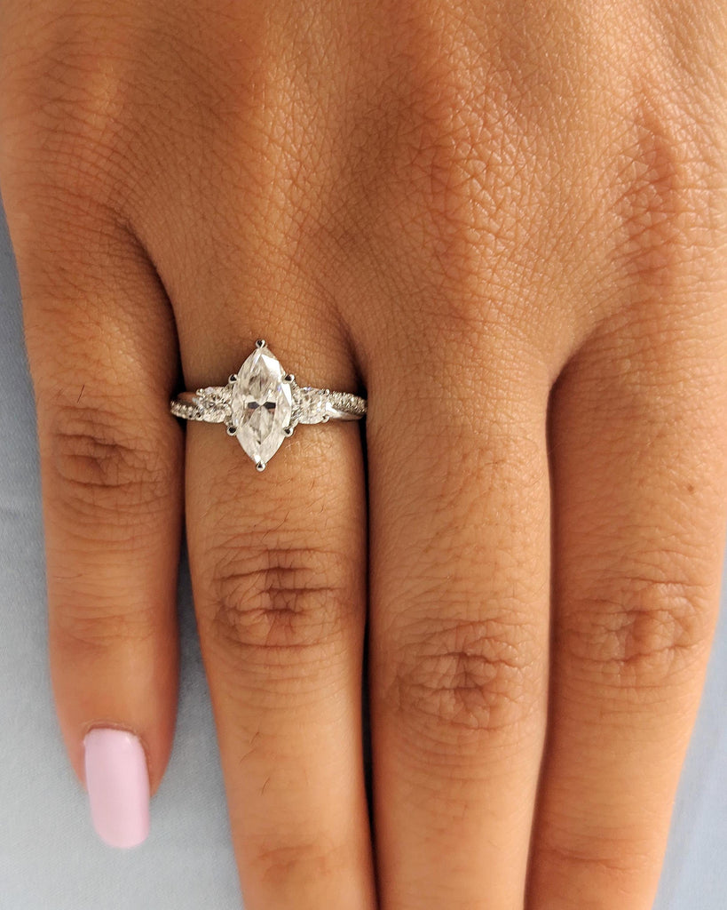 Platinum Three Stone Twisted Spiral Wedding Band, Marquise Cut Moissanite Ring, Side Cushion Cut Moissanite