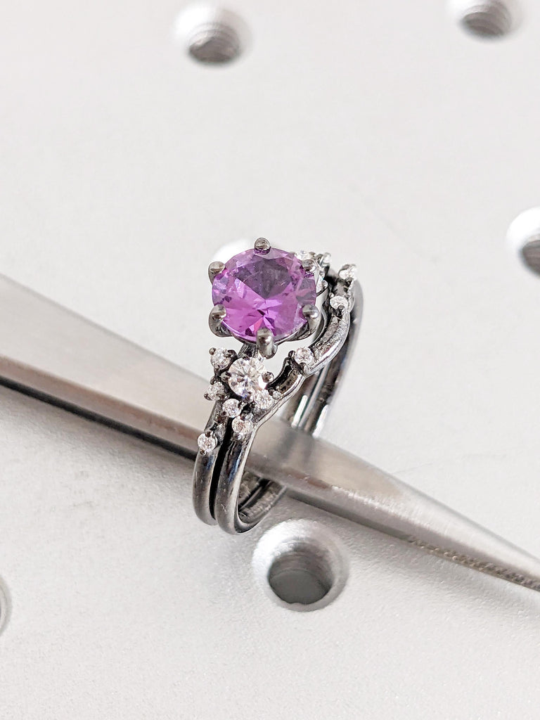 Alexandrite Ring Set, Snowdrift 14K Black Gold Bridal Set, Lab Alexandrite Moissanite Cluster Matching Engagement Ring With Wedding Band