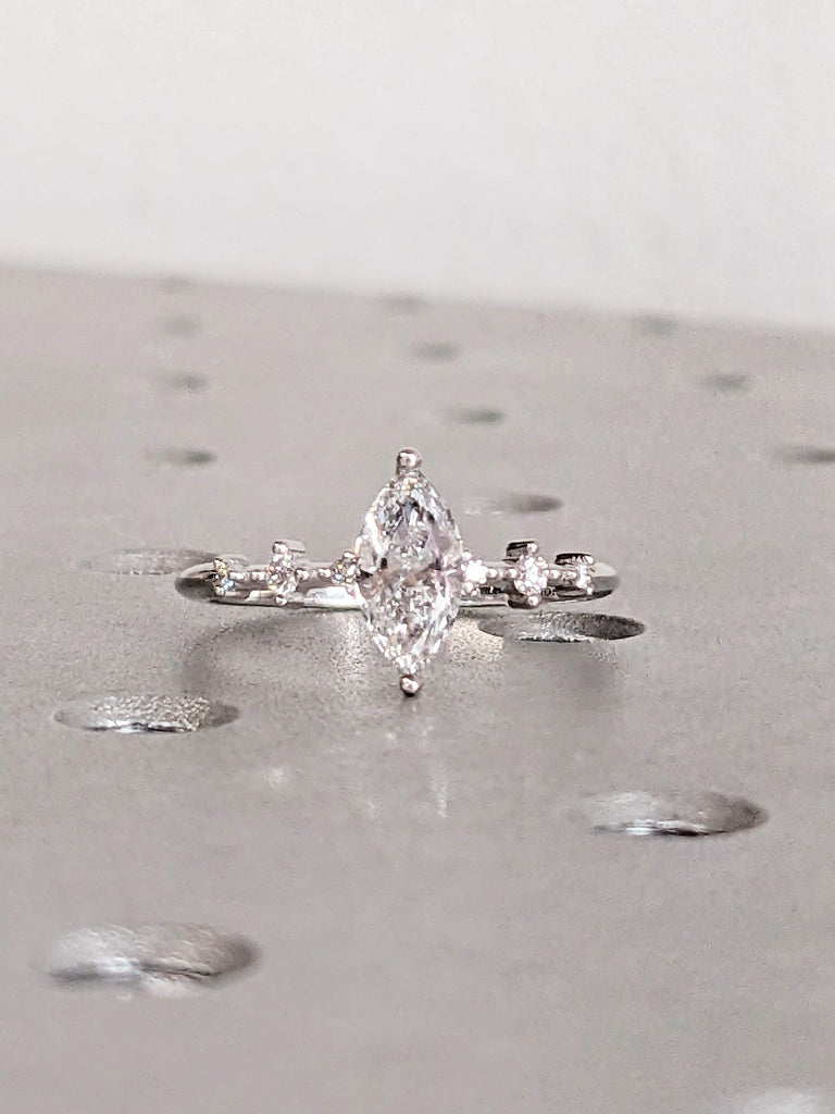 Vintage Art Deco Marquise Lab Diamond Ring, 18K White Gold Multi Stone Wedding Band, Custom Engagement Ring, Lab Grown Diamond Promise Ring image #4
