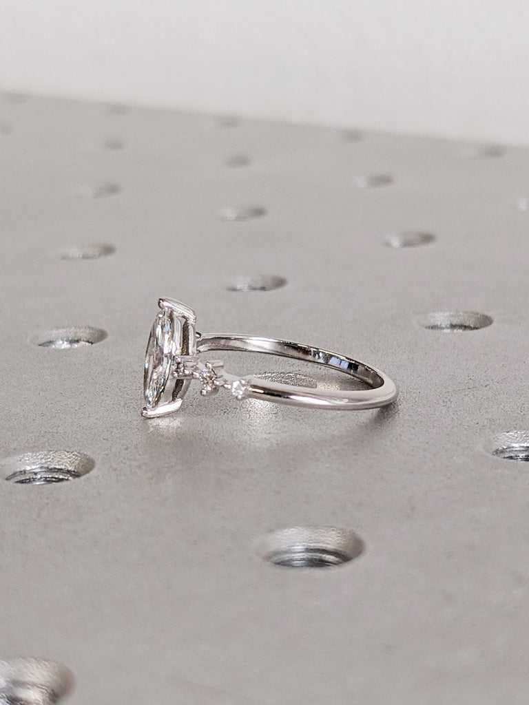 Vintage Art Deco Marquise Lab Diamond Ring, 18K White Gold Multi Stone Wedding Band, Custom Engagement Ring, Lab Grown Diamond Promise Ring image #5