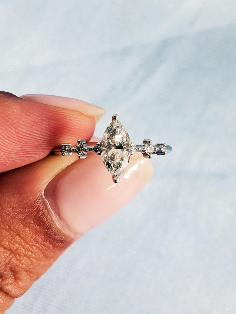 Vintage Art Deco Marquise Lab Diamond Ring, 18K White Gold Multi Stone Wedding Band, Custom Engagement Ring, Lab Grown Diamond Promise Ring image #9