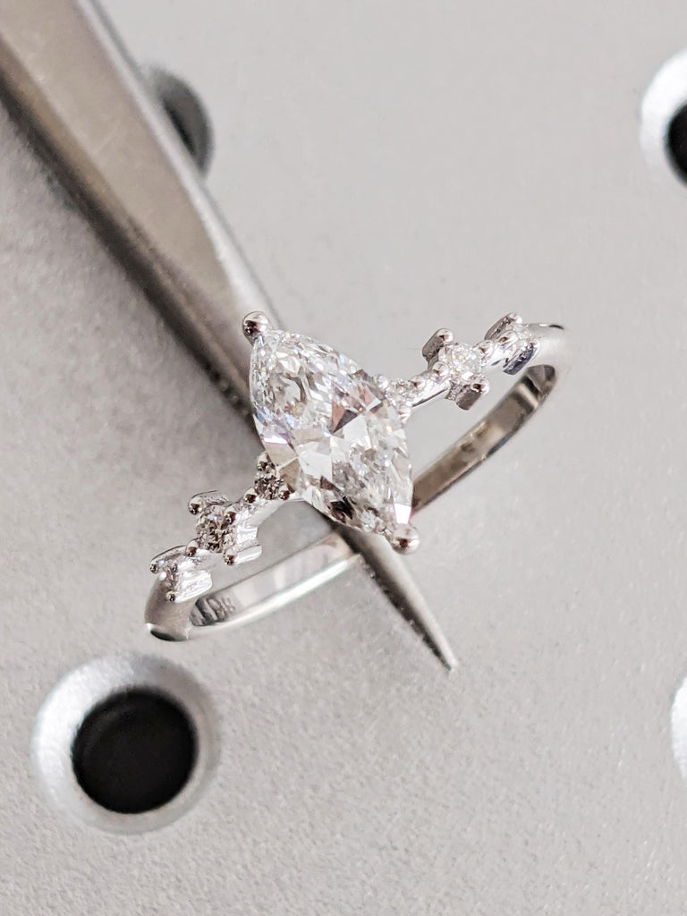 Vintage Art Deco Marquise Lab Diamond Ring, 18K White Gold Multi Stone Wedding Band, Custom Engagement Ring, Lab Grown Diamond Promise Ring image #3