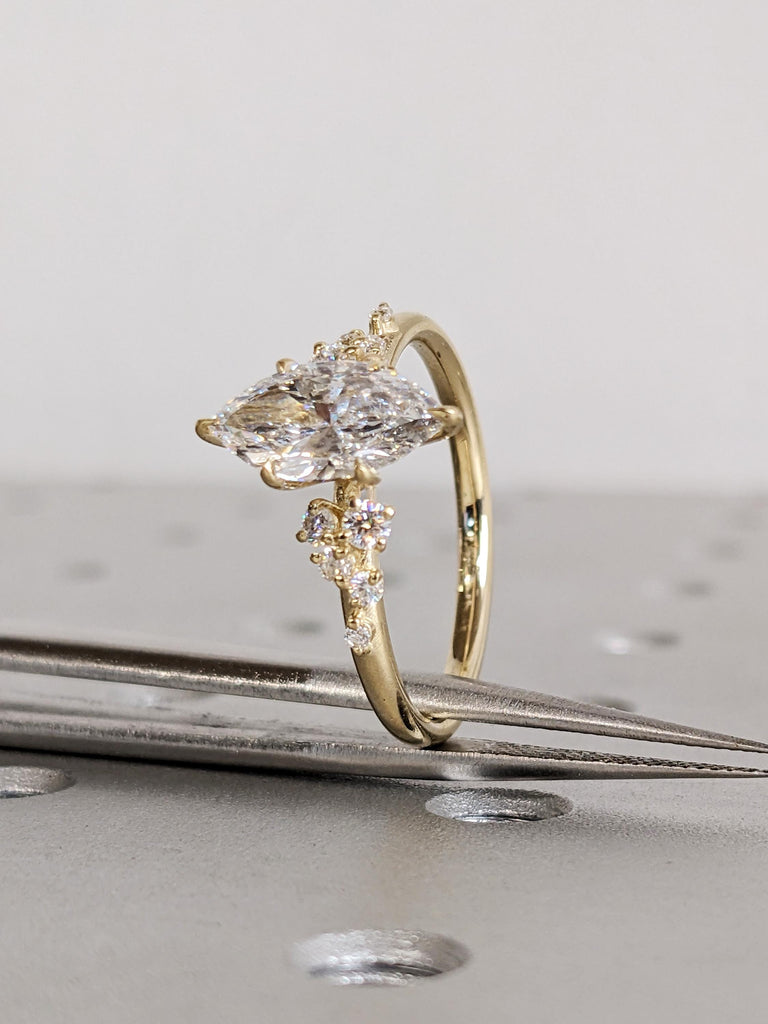 Modern Marquise Cut Moissanite Engagement Ring, 14K Solid Gold Cluster Diamond Ring, Snowdrift Talon Prong Wedding Band image #9