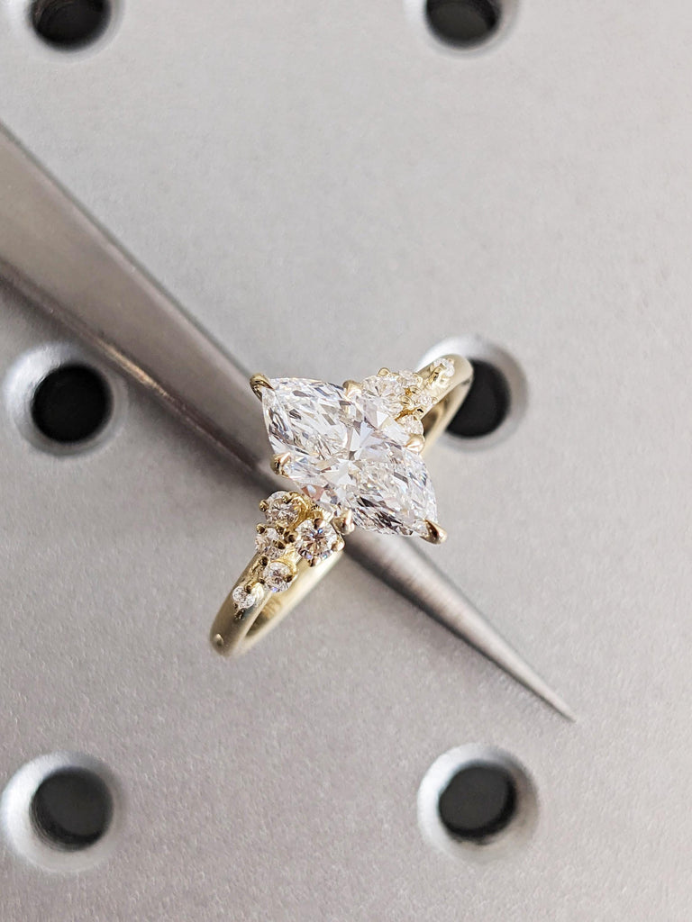Art Deco Lab Diamond Marquise Cut Engagement Ring, 14K Gold Snowdrift Diamond Wedding Band, White Cluster Diamond, Proposal Ring For Her image #2