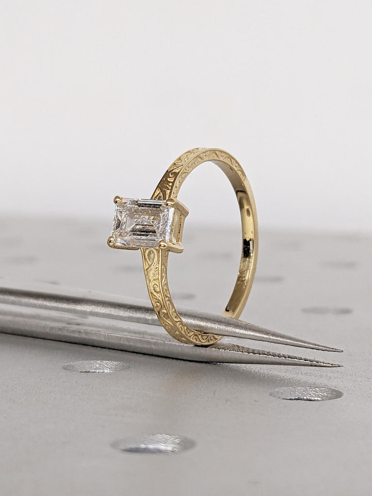 1, 2Ct Emerald Cut Moissanite Engagement Ring, Dainty 18k Yellow Gold Filigree Ring image #8