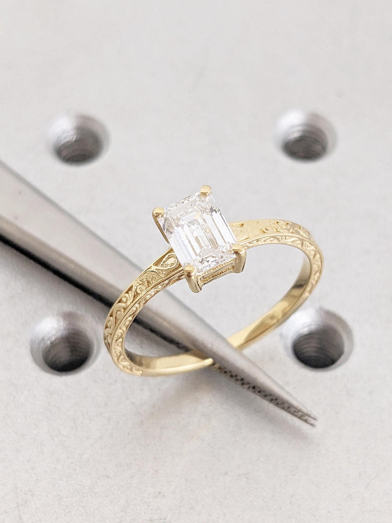 Emerald Cut Moissanite Ring, Vintage Engagement Ring, 18k Solid Gold Solitaire Rings, Classic Filigree Hand Carved Promise Ring for Her image #10