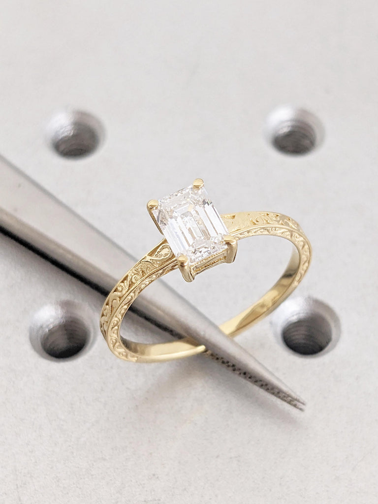 1, 2Ct Emerald Cut Moissanite Engagement Ring, Dainty 18k Yellow Gold Filigree Ring image #10