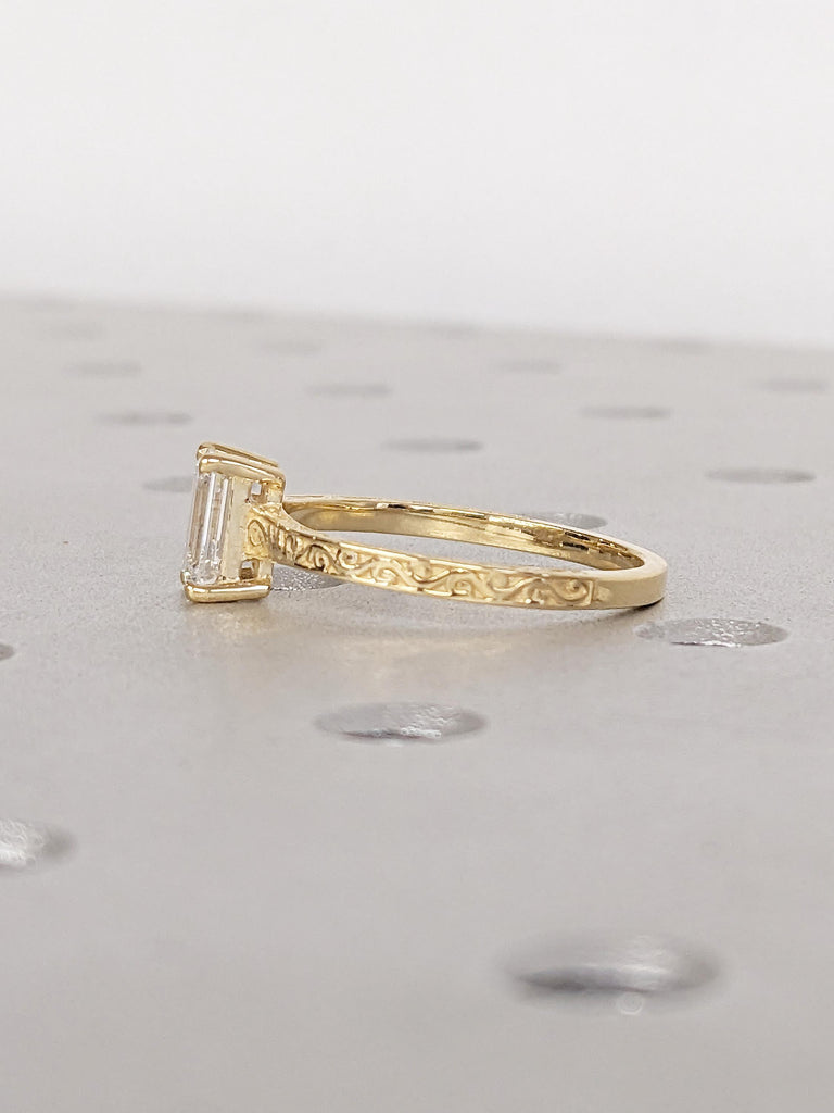 Emerald Cut Moissanite Ring, Vintage Engagement Ring, 18k Solid Gold Solitaire Rings, Classic Filigree Hand Carved Promise Ring for Her image #12