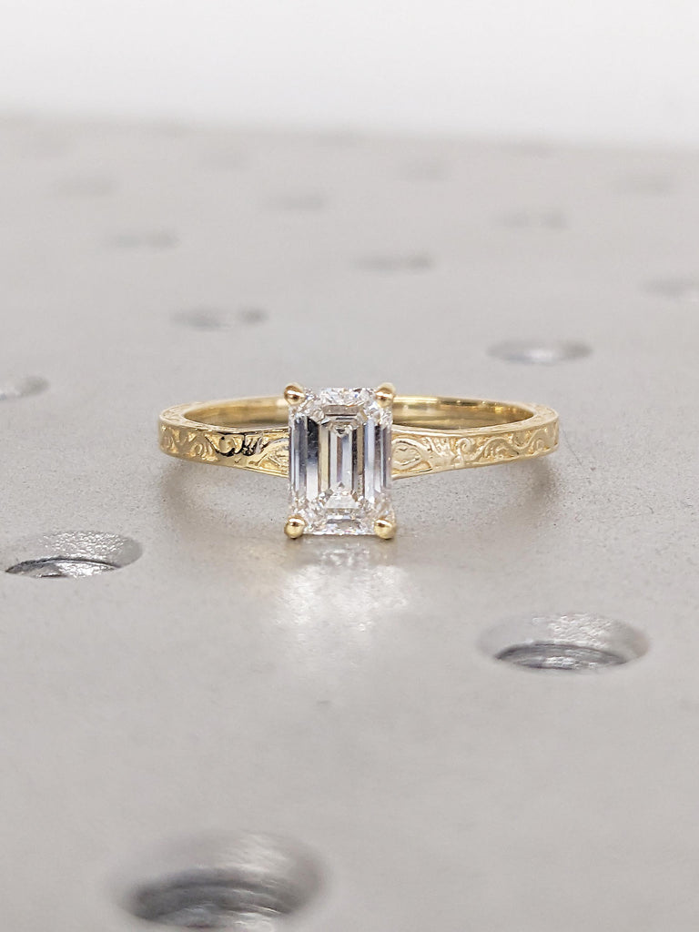 Emerald Cut Moissanite Ring, Vintage Engagement Ring, 18k Solid Gold Solitaire Rings, Classic Filigree Hand Carved Promise Ring for Her image #13