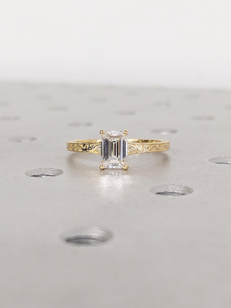 Emerald Cut Moissanite Ring, Vintage Engagement Ring, 18k Solid Gold Solitaire Rings, Classic Filigree Hand Carved Promise Ring for Her image #14