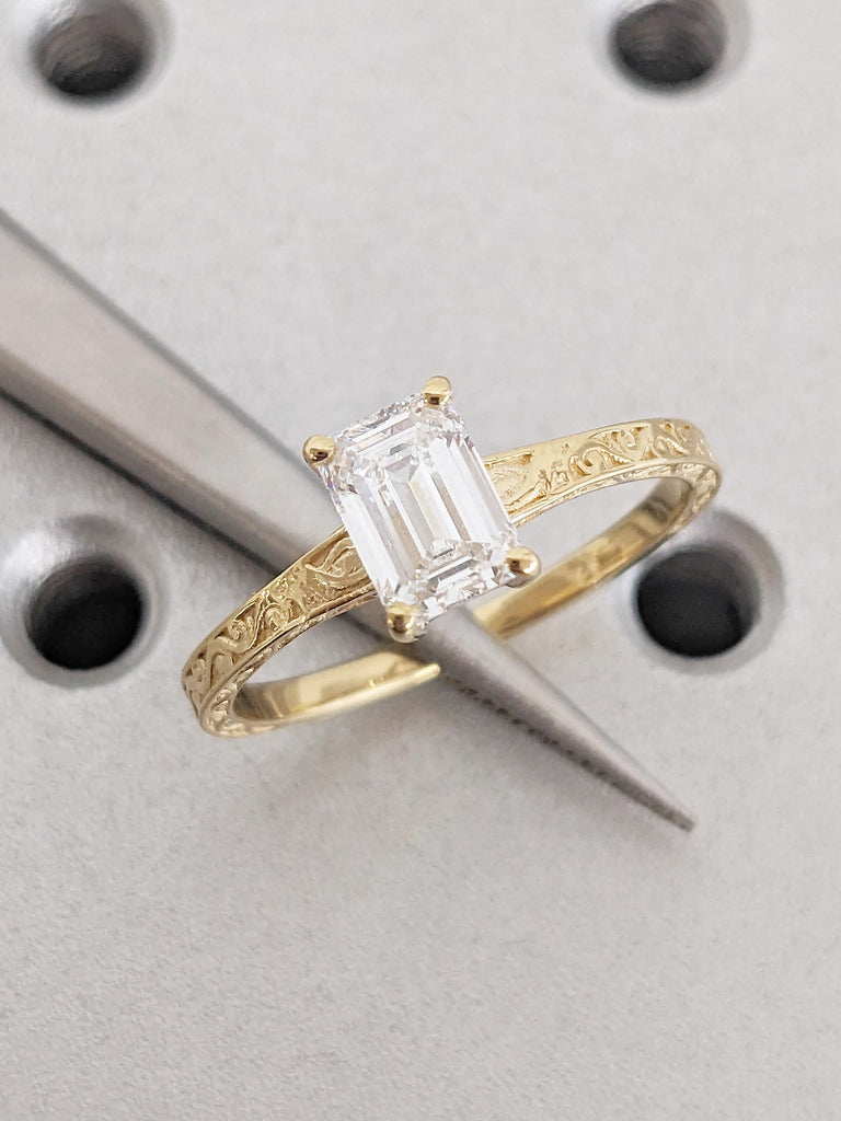 Emerald Cut Lab Grown Diamond Engagement Ring, Filigree 18k Yellow Gold Rings for Women, Solitaire Diamond Ring, Unique Wedding Jewelry image #2