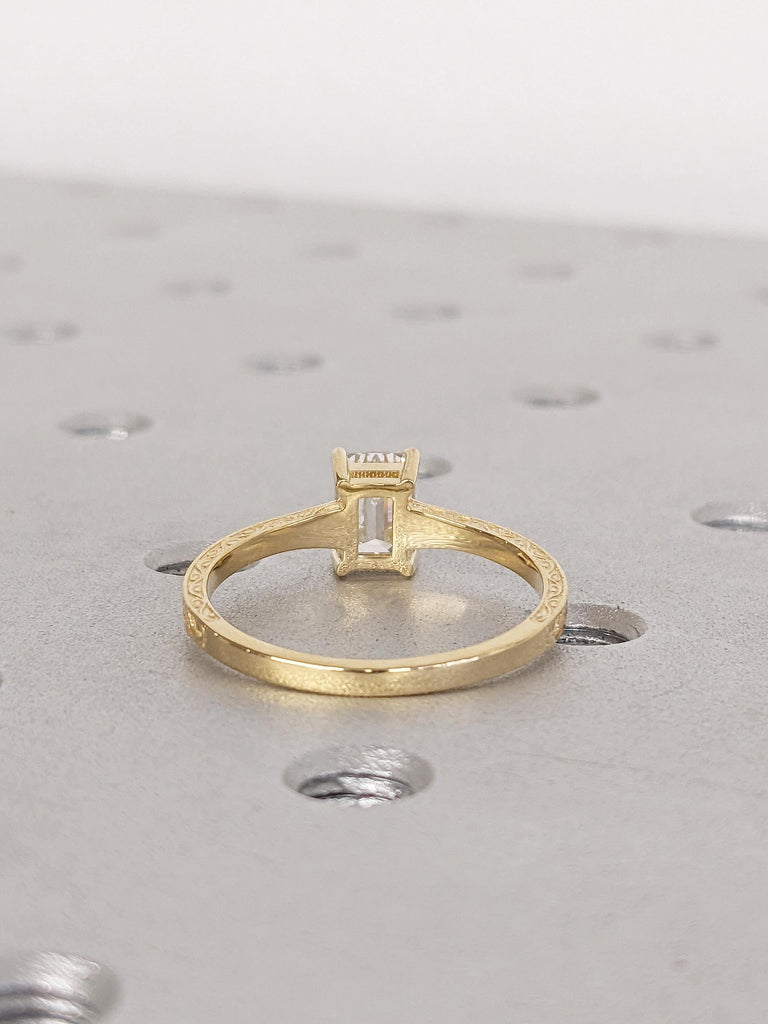 Emerald Cut Lab Grown Diamond Engagement Ring, Filigree 18k Yellow Gold Rings for Women, Solitaire Diamond Ring, Unique Wedding Jewelry image #5