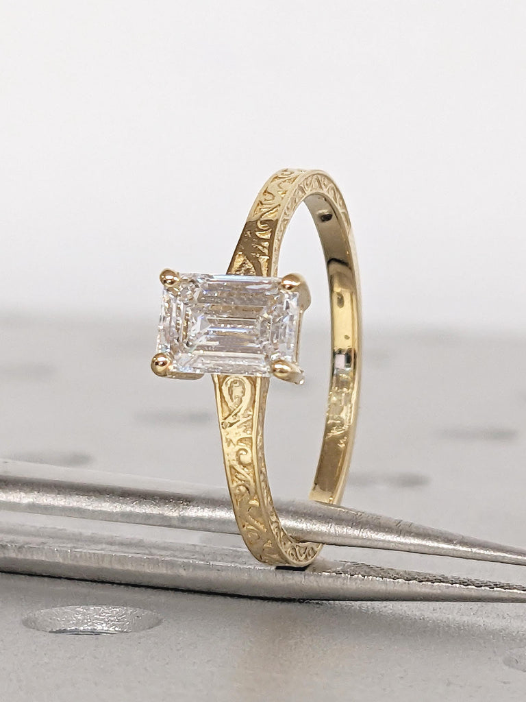 Emerald Cut Lab Grown Diamond Engagement Ring, Filigree 18k Yellow Gold Rings for Women, Solitaire Diamond Ring, Unique Wedding Jewelry image #11