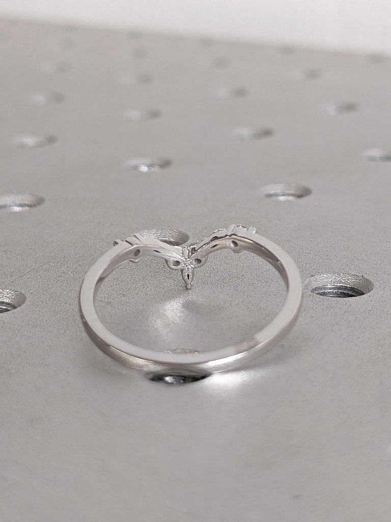 Solid Gold or Platinum Curve Wedding Ring: Marquise and Round cut Diamond, Lab Diamond or Moissanite, Prong Setting image #11