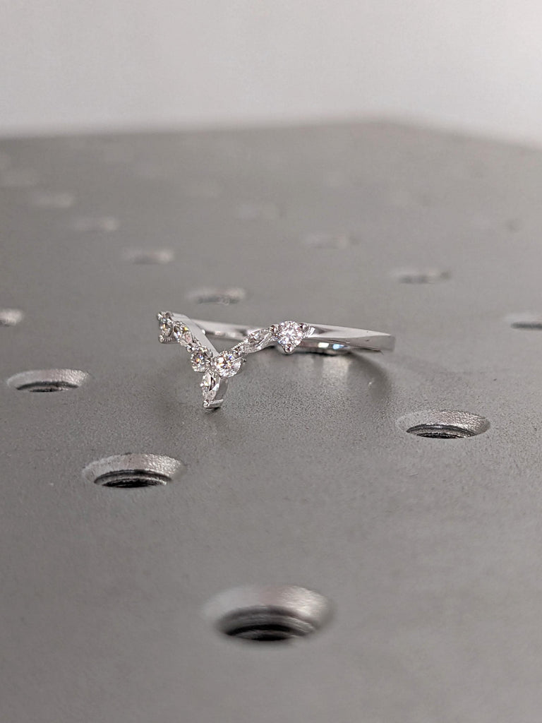 Solid Gold or Platinum Curve Wedding Ring: Marquise and Round cut Diamond, Lab Diamond or Moissanite, Prong Setting image #12
