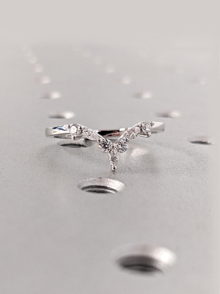 Solid Gold or Platinum Curve Wedding Ring: Marquise and Round cut Diamond, Lab Diamond or Moissanite, Prong Setting image #9