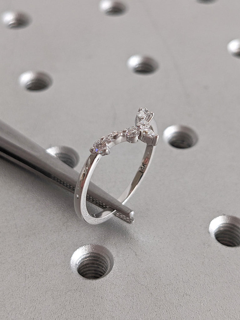 Solid Gold or Platinum Curve Wedding Ring: Marquise and Round cut Diamond, Lab Diamond or Moissanite, Prong Setting image #6