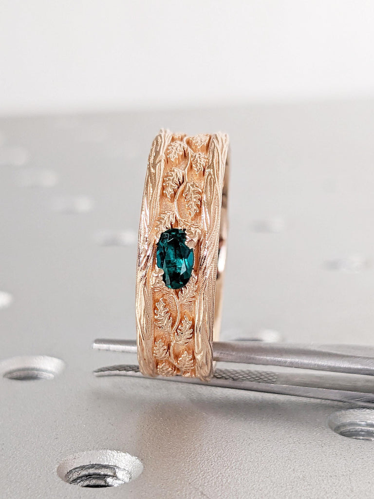 Leaf Engraved Gold Ring, 7mm Men's Wedding Band, Oval Green Birthstone Ring image #8