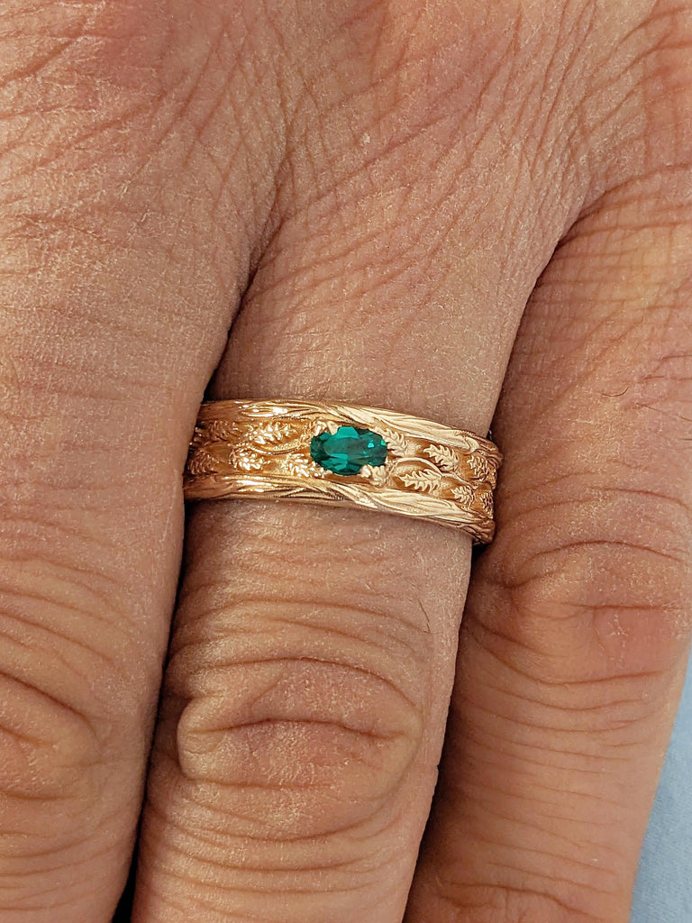 Leaf Engraved Gold Ring, 7mm Men's Wedding Band, Oval Green Birthstone Ring image #10