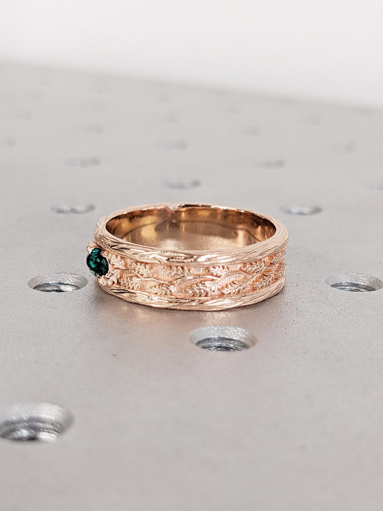 Leaf Engraved Gold Ring, 7mm Men's Wedding Band, Oval Green Birthstone Ring image #5