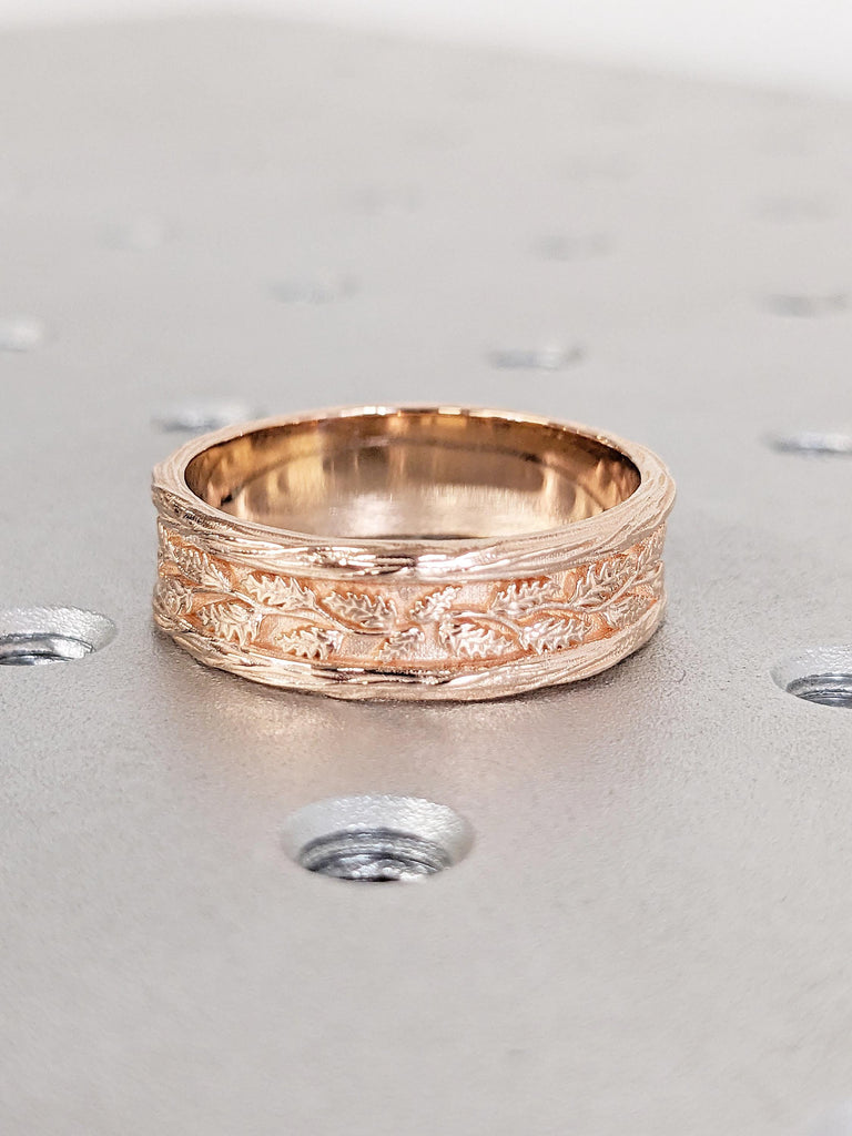 Leaf Engraved Gold Ring, 7mm Men's Wedding Band, Oval Green Birthstone Ring image #6