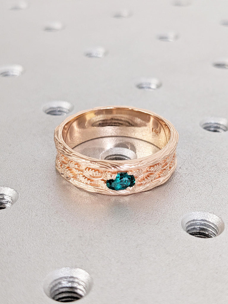 Leaf Engraved Gold Ring, 7mm Men's Wedding Band, Oval Green Birthstone Ring image #11