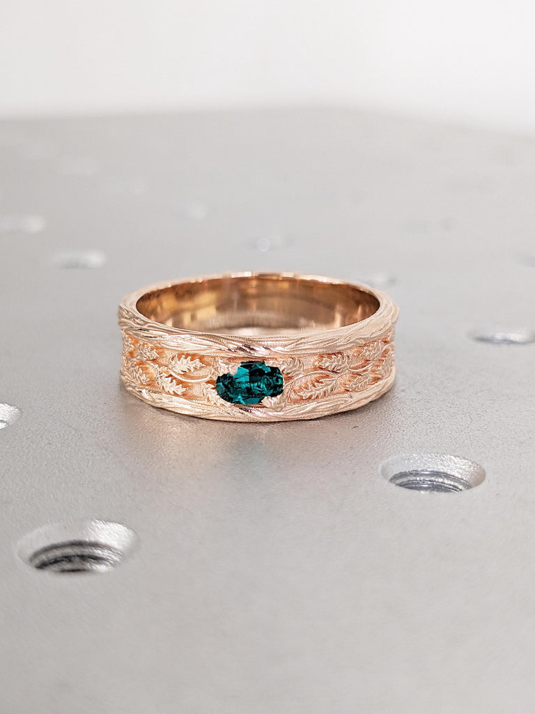 Leaf Engraved Gold Ring, 7mm Men's Wedding Band, Oval Green Birthstone Ring image #3