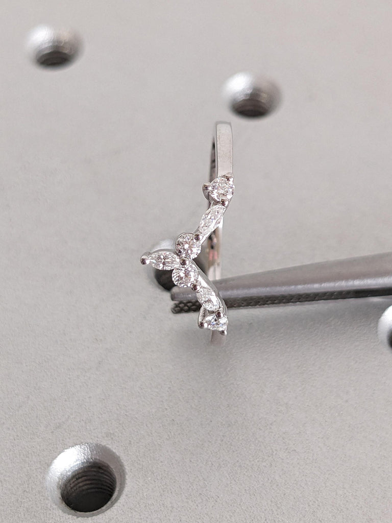 Solid Gold or Platinum Curve Wedding Ring: Marquise and Round cut Diamond, Lab Diamond or Moissanite, Prong Setting image #2