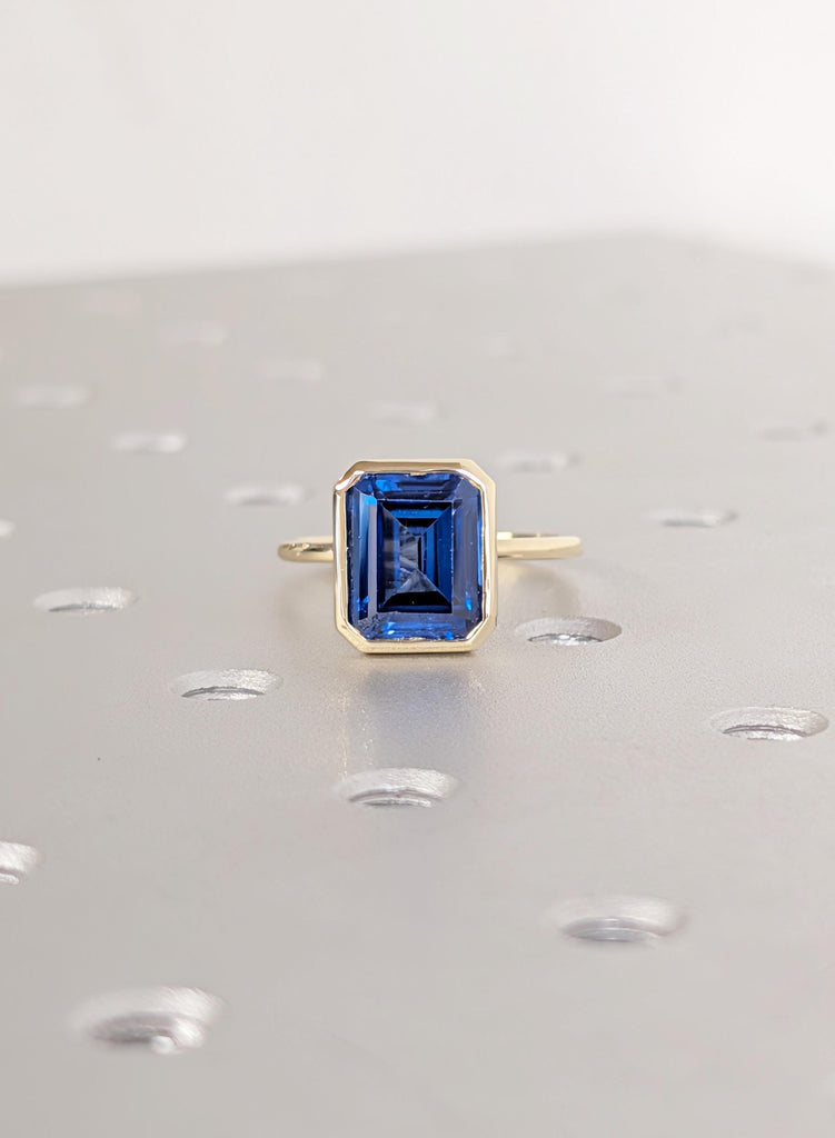 14K Yellow Gold Sapphire Engagement Ring, Art Deco Bezel Set Blue Lab Sapphire Vintage Ring, September Birthstone Emerald Cut Solitaire Ring image #6