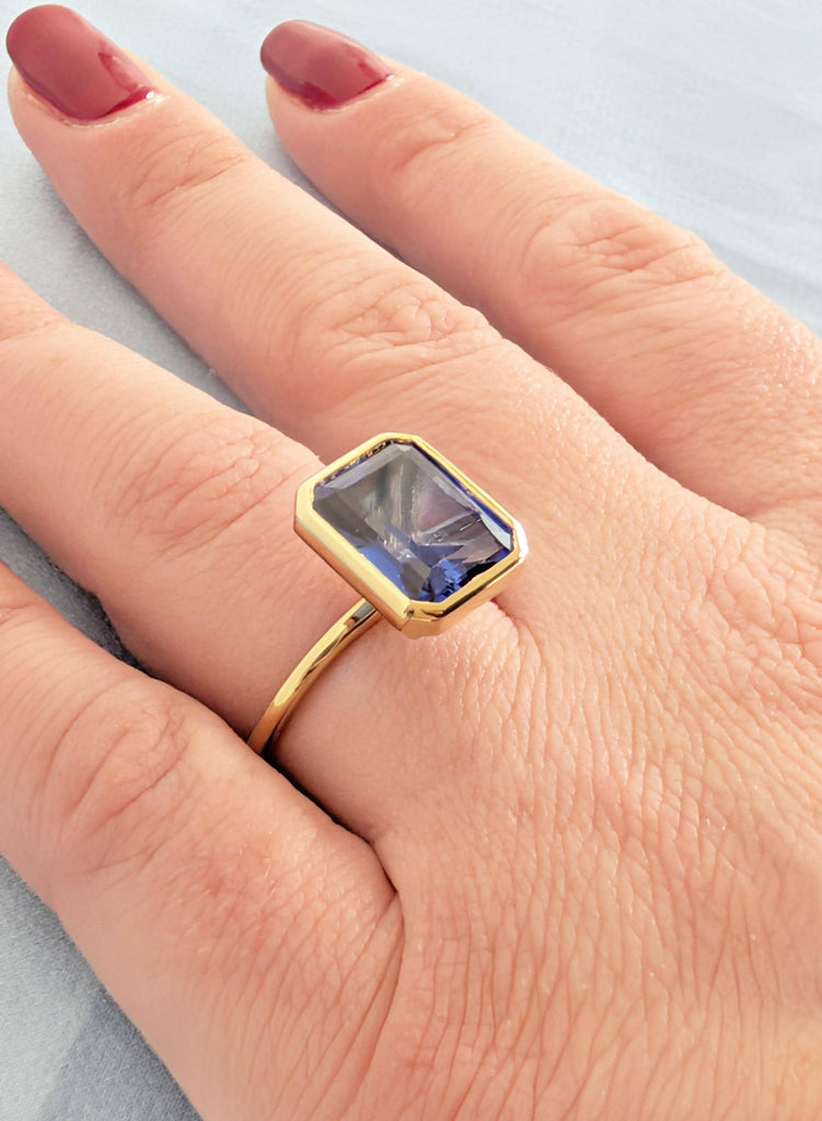 14K Yellow Gold Sapphire Engagement Ring, Art Deco Bezel Set Blue Lab Sapphire Vintage Ring, September Birthstone Emerald Cut Solitaire Ring image #3