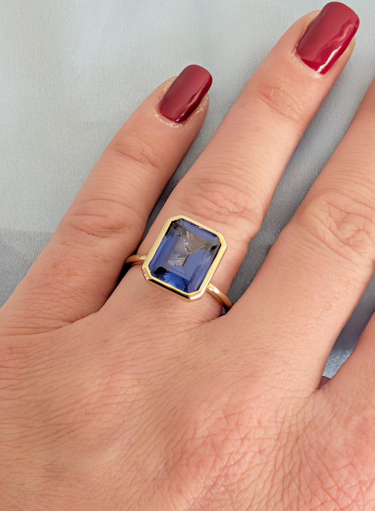 14K Yellow Gold Sapphire Engagement Ring, Art Deco Bezel Set Blue Lab Sapphire Vintage Ring, September Birthstone Emerald Cut Solitaire Ring image #2