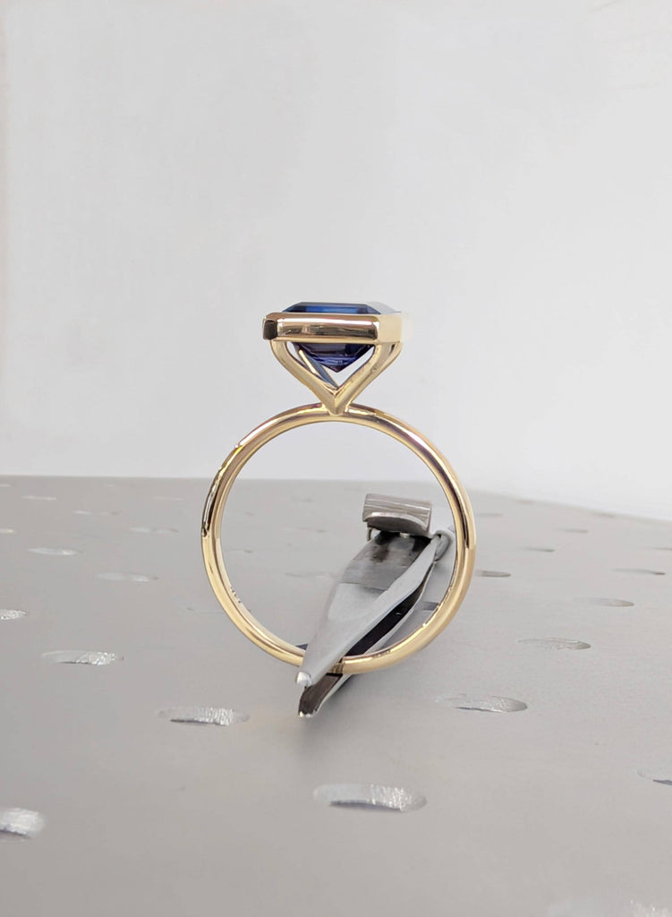 14K Yellow Gold Sapphire Engagement Ring, Art Deco Bezel Set Blue Lab Sapphire Vintage Ring, September Birthstone Emerald Cut Solitaire Ring image #12