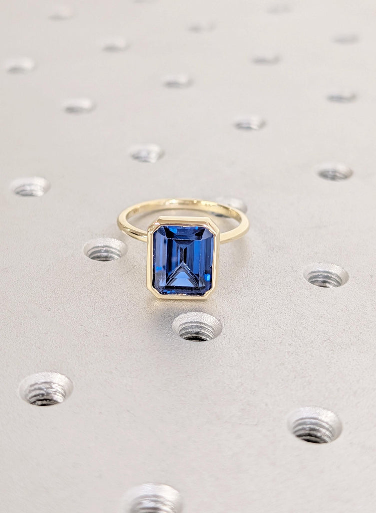 14K Yellow Gold Sapphire Engagement Ring, Art Deco Bezel Set Blue Lab Sapphire Vintage Ring, September Birthstone Emerald Cut Solitaire Ring image #8
