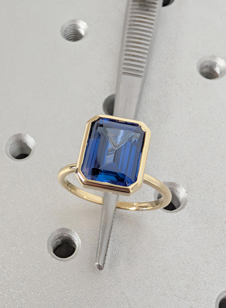 14K Yellow Gold Sapphire Engagement Ring, Art Deco Bezel Set Blue Lab Sapphire Vintage Ring, September Birthstone Emerald Cut Solitaire Ring image #13