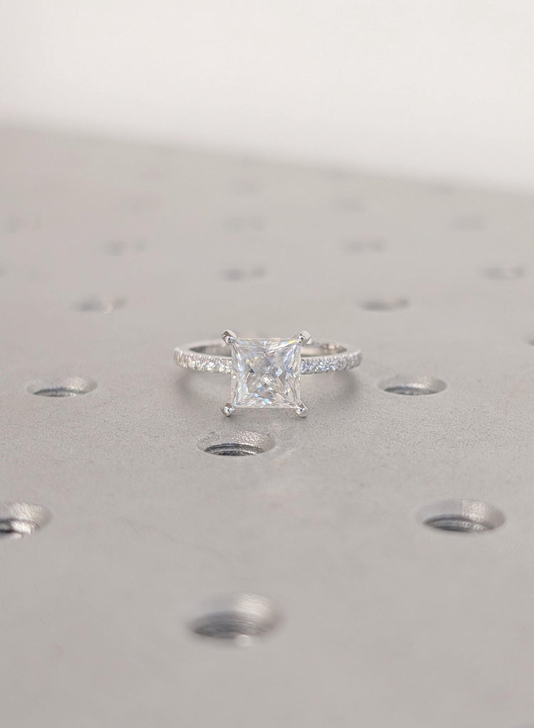 Diamond Engagement Ring, 14K White Gold Princess Cut Lab Grown Diamond, Dainty Pave Side Diamond Moissanite Ring, VVS Diamond Wedding Ring image #5