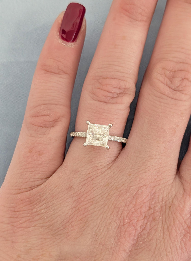 Diamond Engagement Ring, 14K White Gold Princess Cut Lab Grown Diamond, Dainty Pave Side Diamond Moissanite Ring, VVS Diamond Wedding Ring image #9