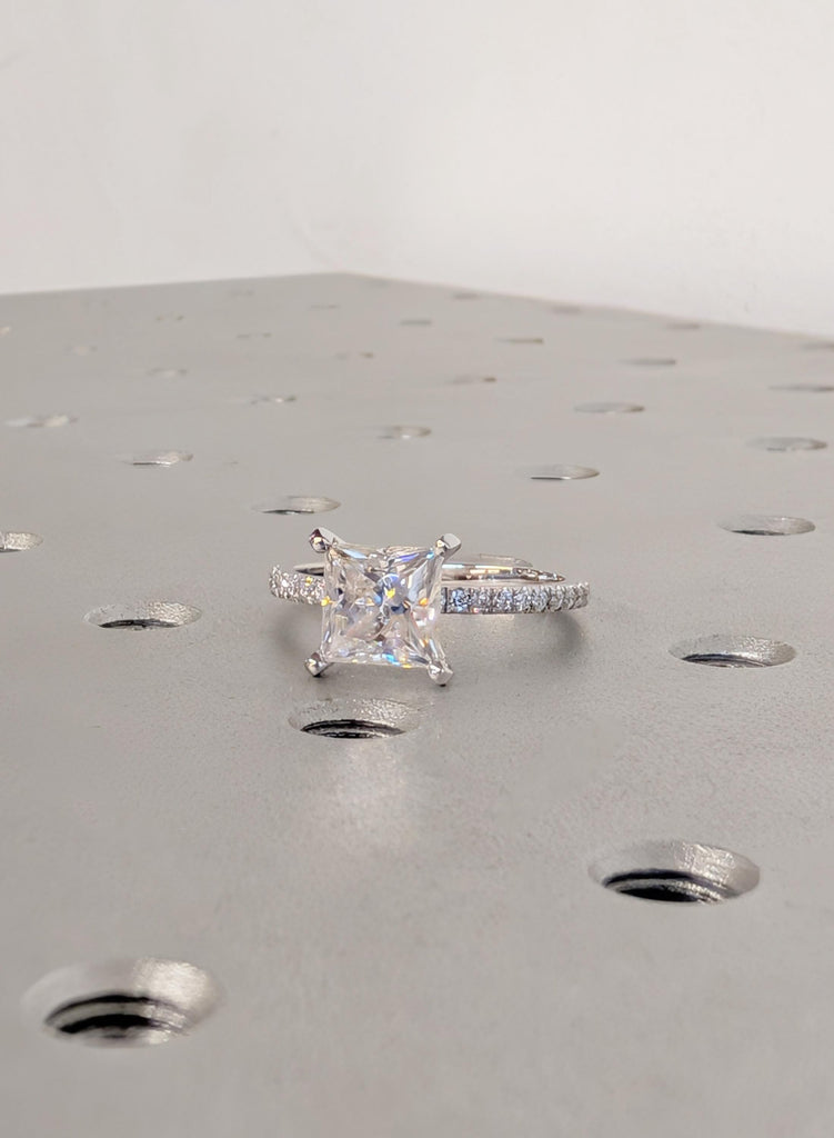 Diamond Engagement Ring, 14K White Gold Princess Cut Lab Grown Diamond, Dainty Pave Side Diamond Moissanite Ring, VVS Diamond Wedding Ring image #7