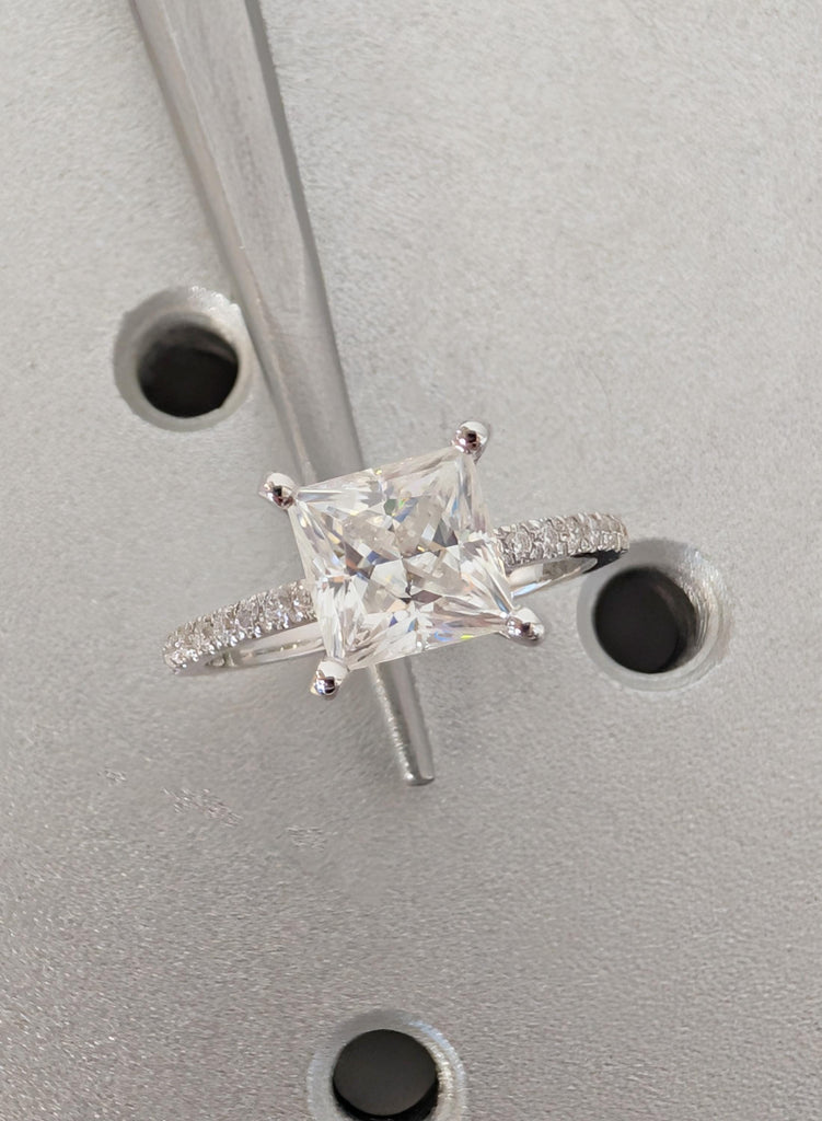 Diamond Engagement Ring, 14K White Gold Princess Cut Lab Grown Diamond, Dainty Pave Side Diamond Moissanite Ring, VVS Diamond Wedding Ring image #3