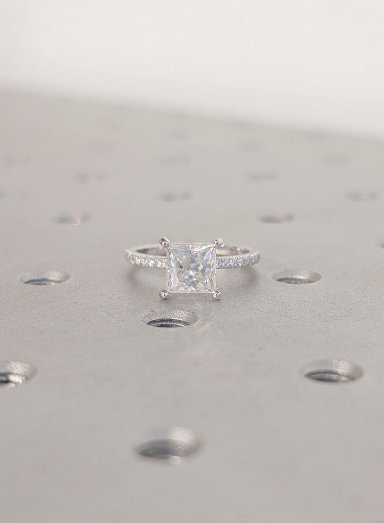 14K White Gold Moissanite Engagement Ring, Princess Cut Moissanite with Side Diamond Ring, Dainty Bridal Ring, Woman's Wedding Ring Jewelry image #4