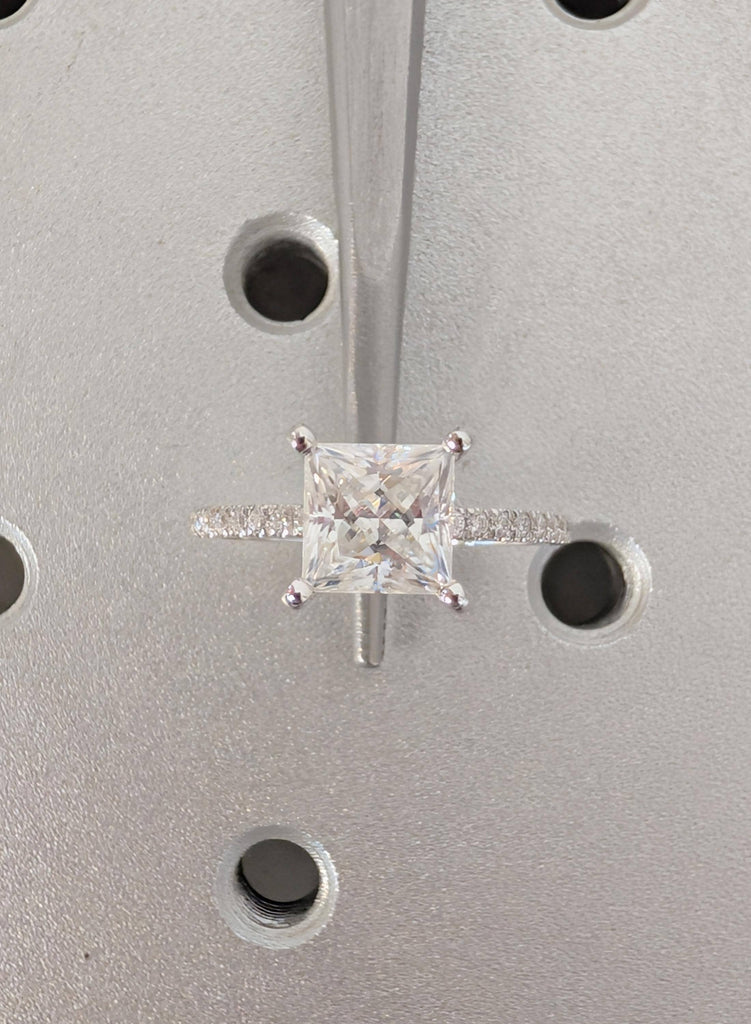 14K White Gold Moissanite Engagement Ring, Princess Cut Moissanite with Side Diamond Ring, Dainty Bridal Ring, Woman's Wedding Ring Jewelry image #13