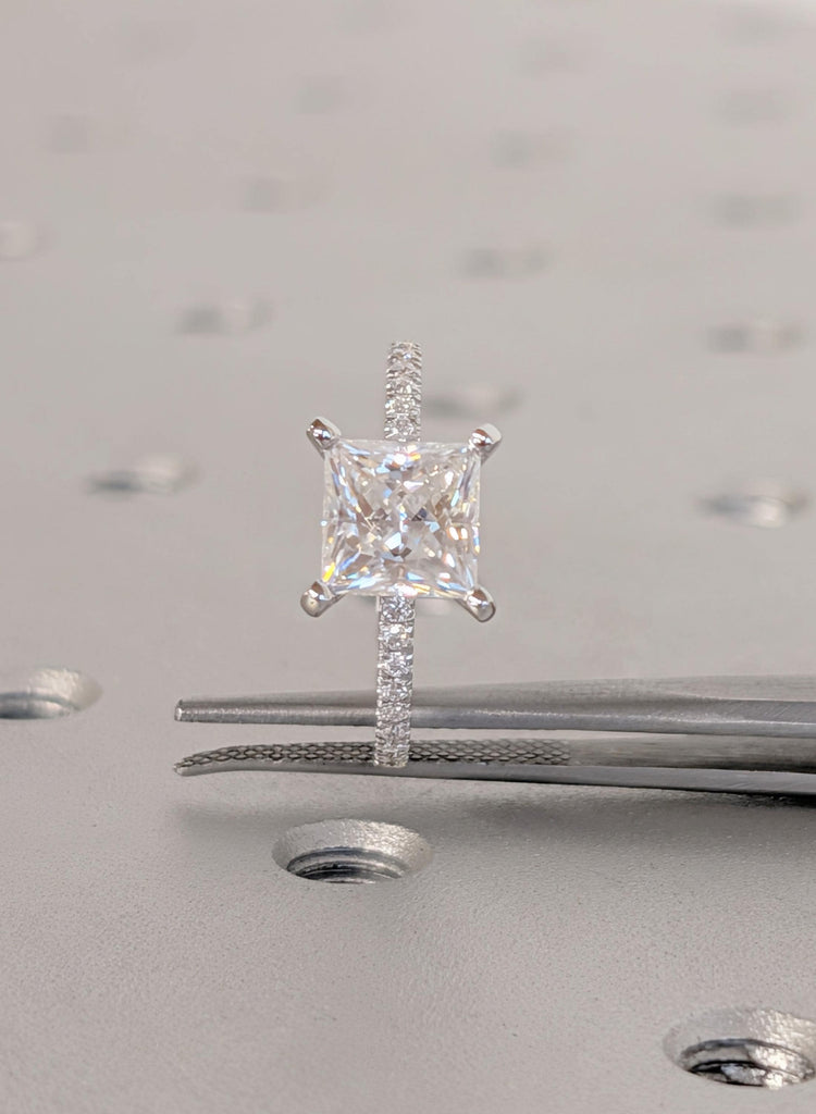 14K White Gold Moissanite Engagement Ring, Princess Cut Moissanite with Side Diamond Ring, Dainty Bridal Ring, Woman's Wedding Ring Jewelry image #2