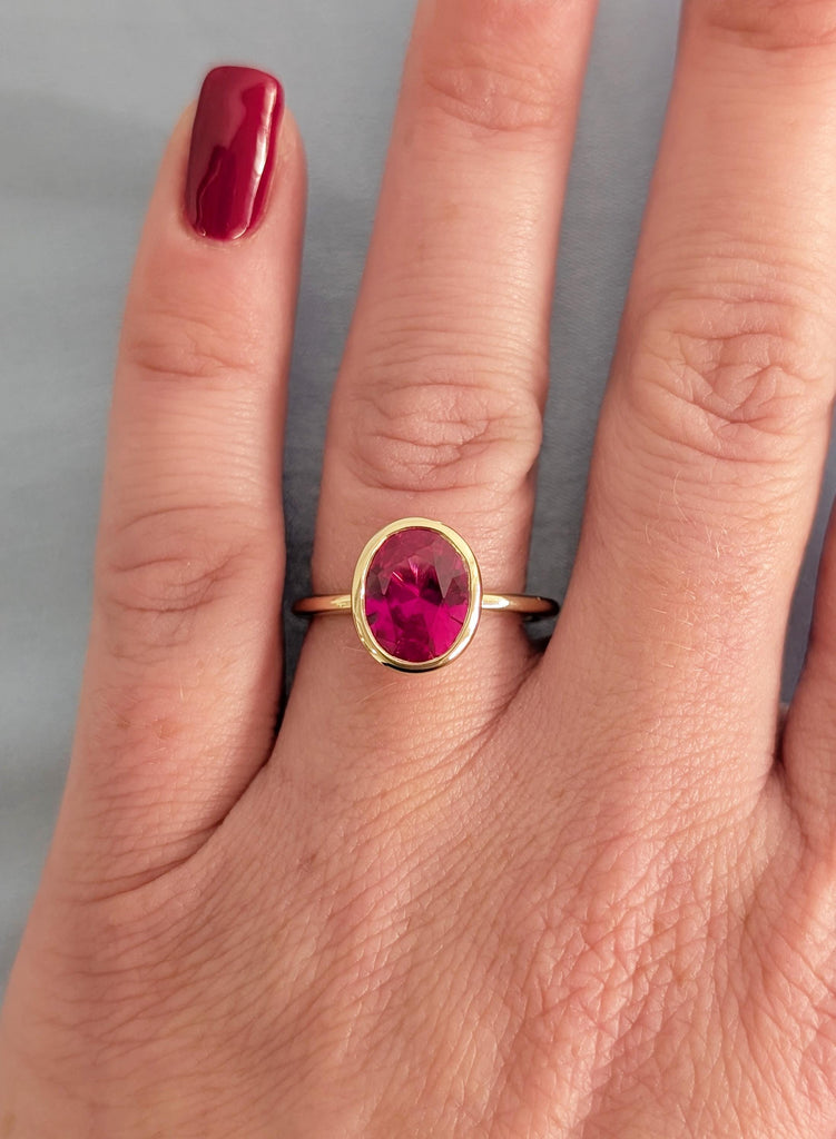 14K Yellow Gold Oval Cut Ruby Engagement Ring, July Birthstone Ring